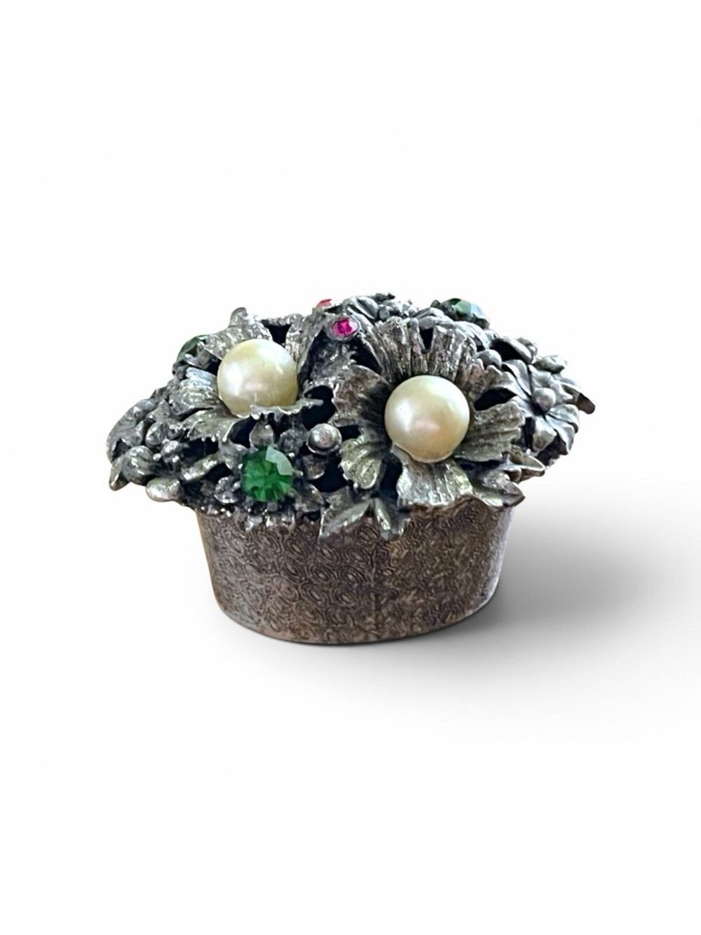 Vintage Florenza Trinket Box Silver Tone Floral Rhinestone Faux Pearl Ring Pill